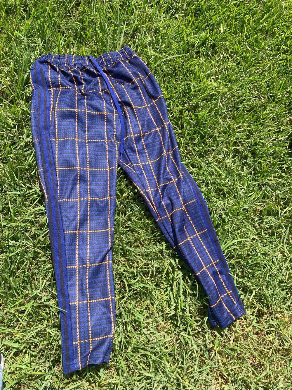 adidas Blue and Orange Plaid Athletic Joggers